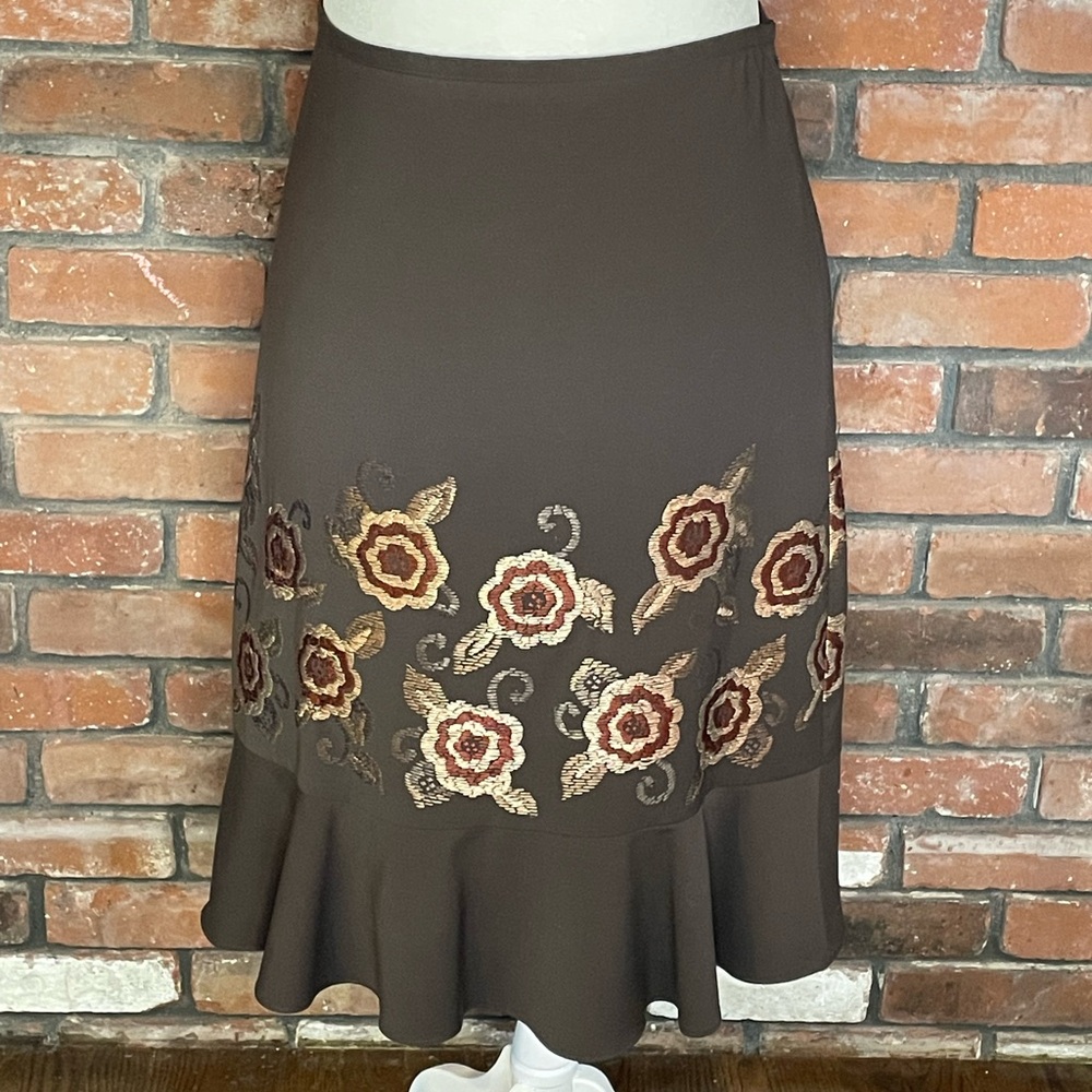 LOFT Brown Embroidered Midi Skirt